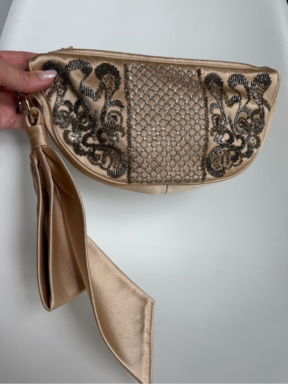 Sergio Rossi Gold Silk Evening Beaded Wristlet Clutch